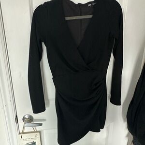 ZARA Black Long-Sleeve Wrap-Style Mini Dress